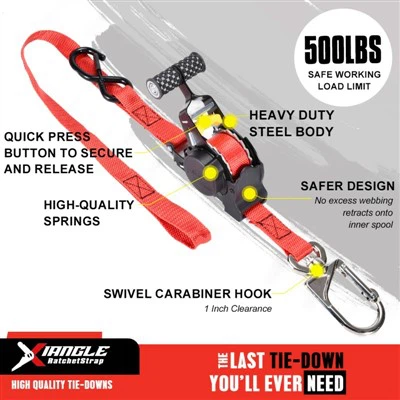 1 tommu Mótorhjól Retractable Ratchet Tie Downs með alhliða snúnings karabínukrók